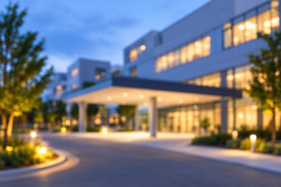 Beleuchteter Eingangsbereich eines Klinikgebäudes am Abend (KI-generiertes Symbolbild)