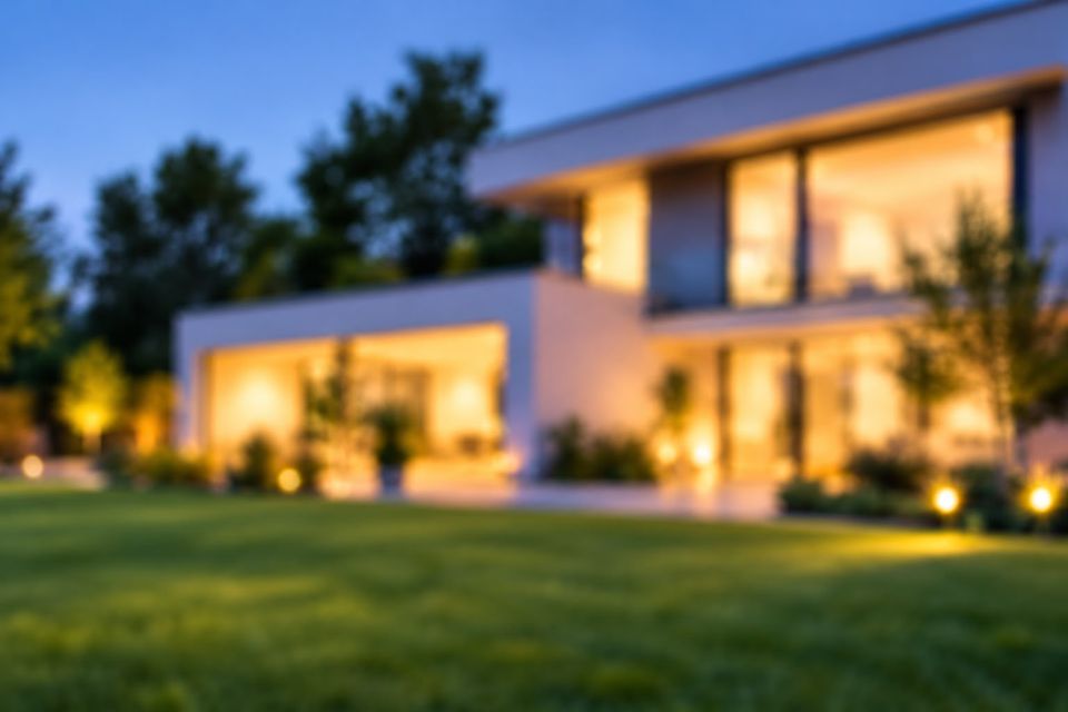 Modernes Einfamilienhaus mit beleuchteter Fassade am Abend (KI-generiertes Symbolbild)